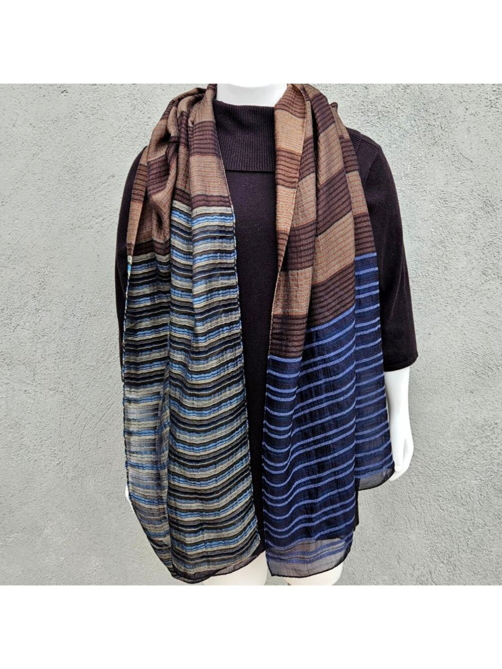 Vintage Etro Milano Silk Blend Long Shawl Cobalt Blue Brown Woven Stripe Italy
